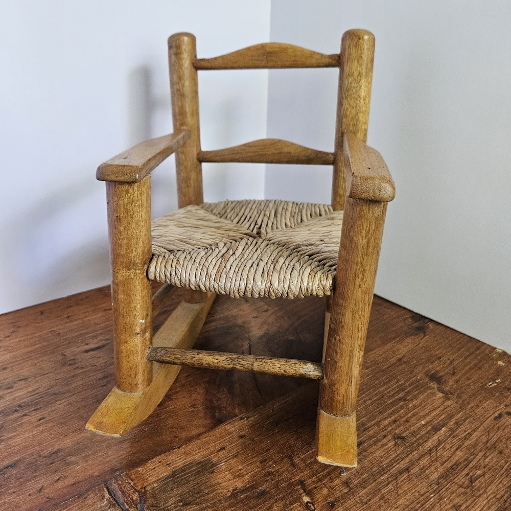 Tiny 9 Inch Wooden Rocking Chair For Doll Or Teddy Bear Woven Seat Rustic